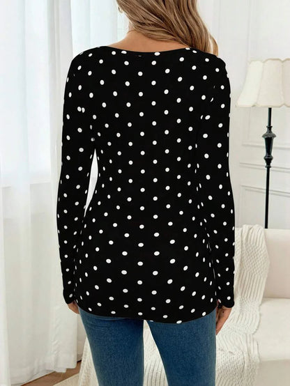 Apricot Polka Dot Maternity Top - Slim Fit Long Sleeve Scoop Neck Knitted Maternity Shirt - Soft Stretch Pregnancy T-Shirt for Office & Casual