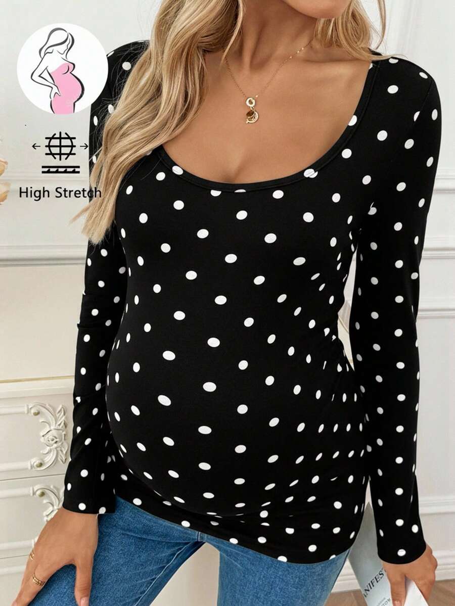 Apricot Polka Dot Maternity Top - Slim Fit Long Sleeve Scoop Neck Knitted Maternity Shirt - Soft Stretch Pregnancy T-Shirt for Office & Casual