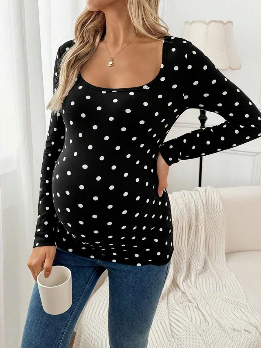 Apricot Polka Dot Maternity Top - Slim Fit Long Sleeve Scoop Neck Knitted Maternity Shirt - Soft Stretch Pregnancy T-Shirt for Office & Casual