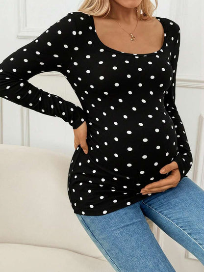 Apricot Polka Dot Maternity Top - Slim Fit Long Sleeve Scoop Neck Knitted Maternity Shirt - Soft Stretch Pregnancy T-Shirt for Office & Casual