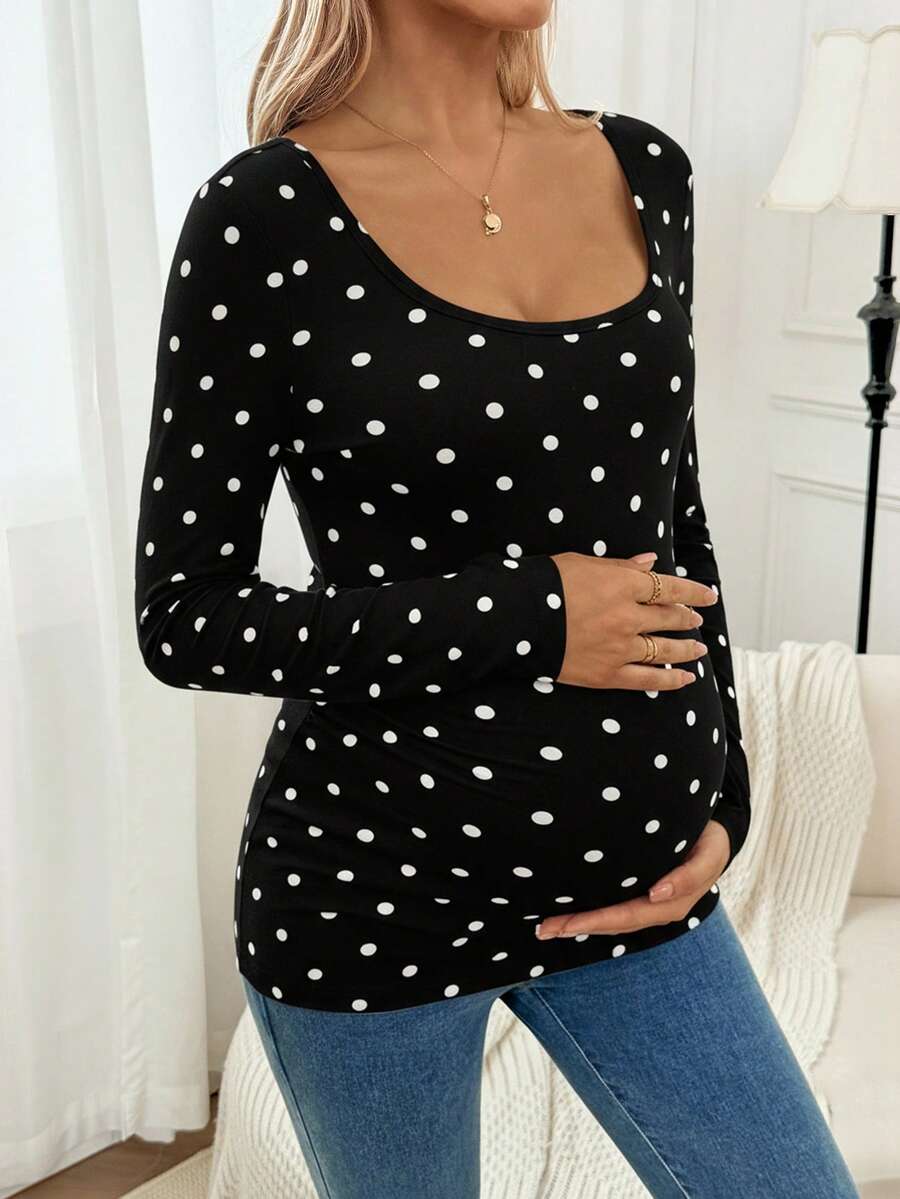 Apricot Polka Dot Maternity Top - Slim Fit Long Sleeve Scoop Neck Knitted Maternity Shirt - Soft Stretch Pregnancy T-Shirt for Office & Casual