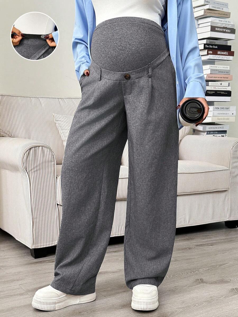 Maternity Tailored Office Pants - Adjustable Waist, Slant Pocket, Loose Fit, Khaki