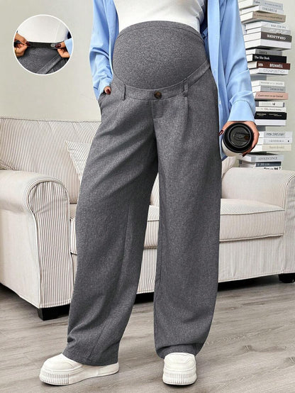 Maternity Tailored Office Pants - Adjustable Waist, Slant Pocket, Loose Fit, Khaki