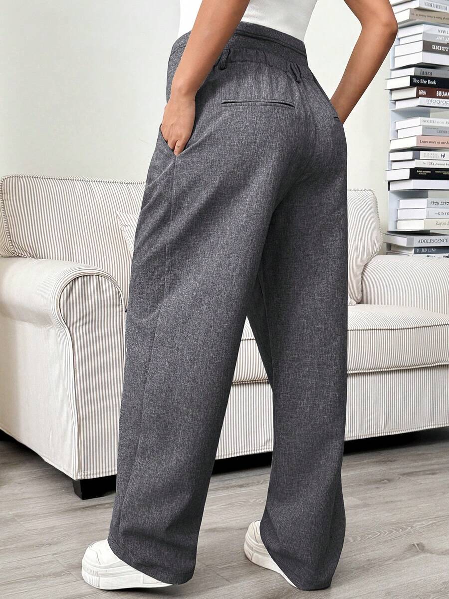 Maternity Tailored Pants - Adjustable Waist, Pocket, Loose Fit, Navy Blue