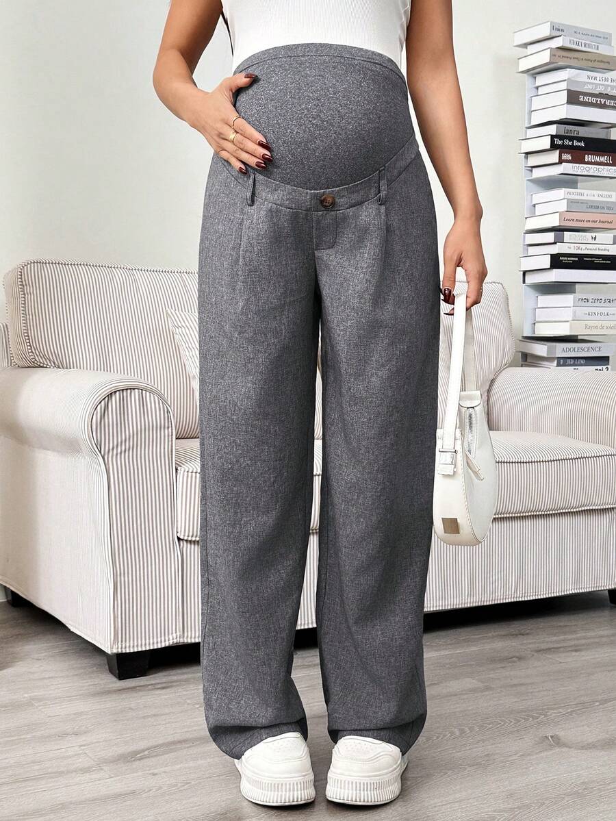 Maternity Tailored Pants - Adjustable Waist, Pocket, Loose Fit, Navy Blue