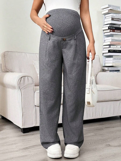Maternity Tailored Office Pants - Adjustable Waist, Slant Pocket, Loose Fit, Khaki