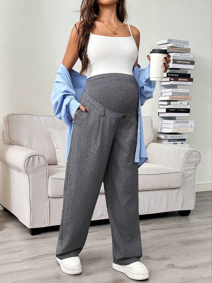 Maternity Tailored Pants - Adjustable Waist, Pocket, Loose Fit, Navy Blue