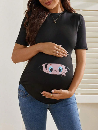 Maternity Cartoon Animal Print Short Sleeve T-Shirt - Blue Round Neck Ruched Side Casual Knit Top for Daily Wear