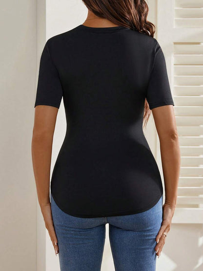Maternity Cartoon Animal Print Short Sleeve T-Shirt - Blue Round Neck Ruched Side Casual Knit Top for Daily Wear