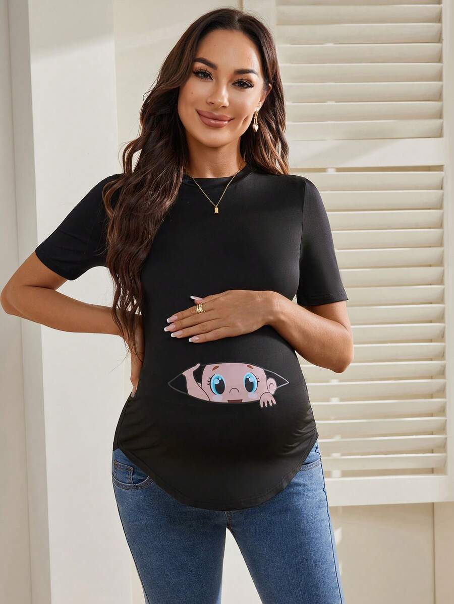Maternity Cartoon Animal Print Short Sleeve T-Shirt - Blue Round Neck Ruched Side Casual Knit Top for Daily Wear