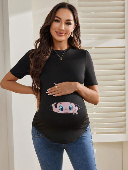 Maternity Cartoon Animal Print Short Sleeve T-Shirt - Blue Round Neck Ruched Side Casual Knit Top for Daily Wear