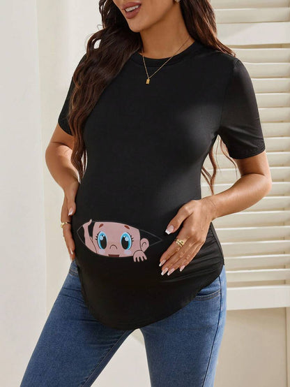 Maternity Cartoon Animal Print Short Sleeve T-Shirt - Blue Round Neck Ruched Side Casual Knit Top for Daily Wear