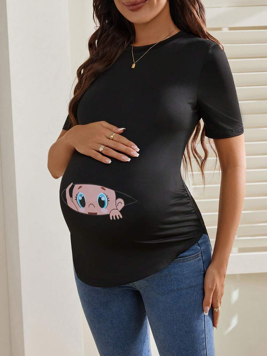 Maternity Cartoon Animal Print Short Sleeve T-Shirt - Blue Round Neck Ruched Side Casual Knit Top for Daily Wear