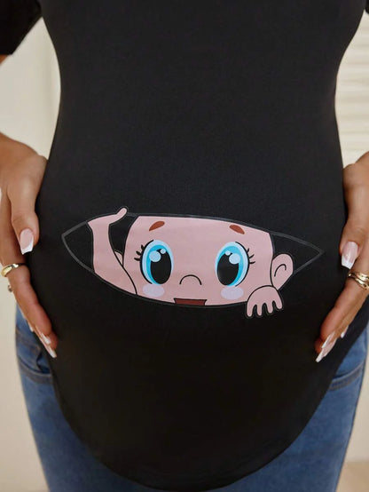 Maternity Cartoon Animal Print Short Sleeve T-Shirt - Blue Round Neck Ruched Side Casual Knit Top for Daily Wear