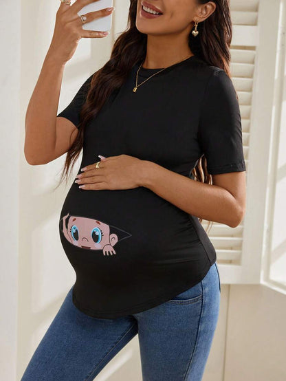 Maternity Cartoon Animal Print Short Sleeve T-Shirt - Blue Round Neck Ruched Side Casual Knit Top for Daily Wear