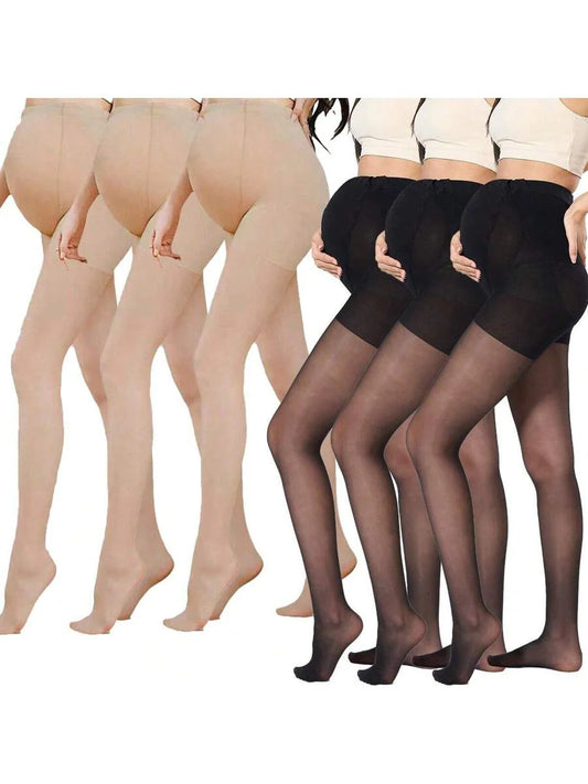 Maternity Pantyhose - Belly Support Beige Black Elastic Waist Lightweight, Spring Summer