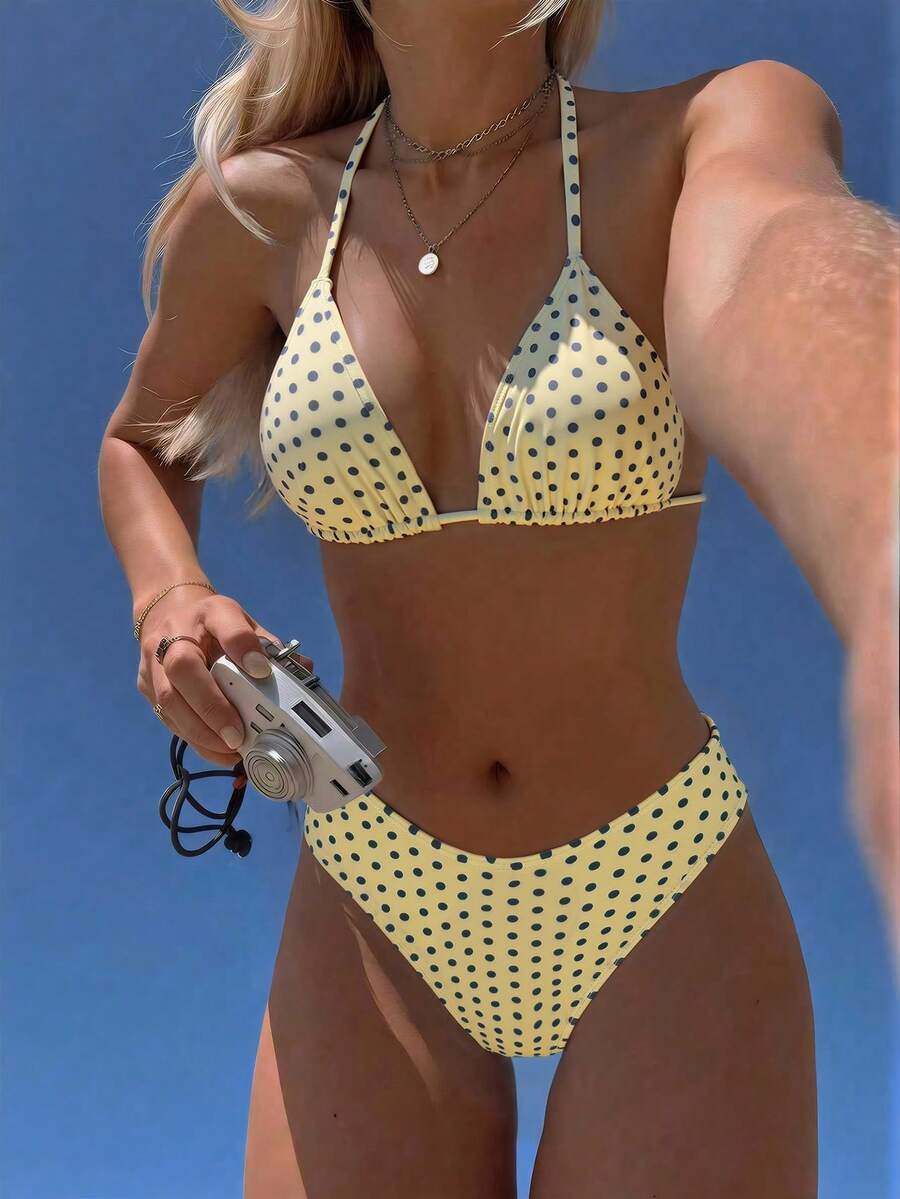 Swim Vcay 2026 Spring/Summer Women's Spaghetti Strap Halter Neck Black Base White Polka Dot Random Print Sweet Cute Side High Cut Bikini Swimwear 2-Piece Set Vacation Bikini Set Pink Bikini Set High Leg Bikini Set Modest Bikini Set Bikini Set