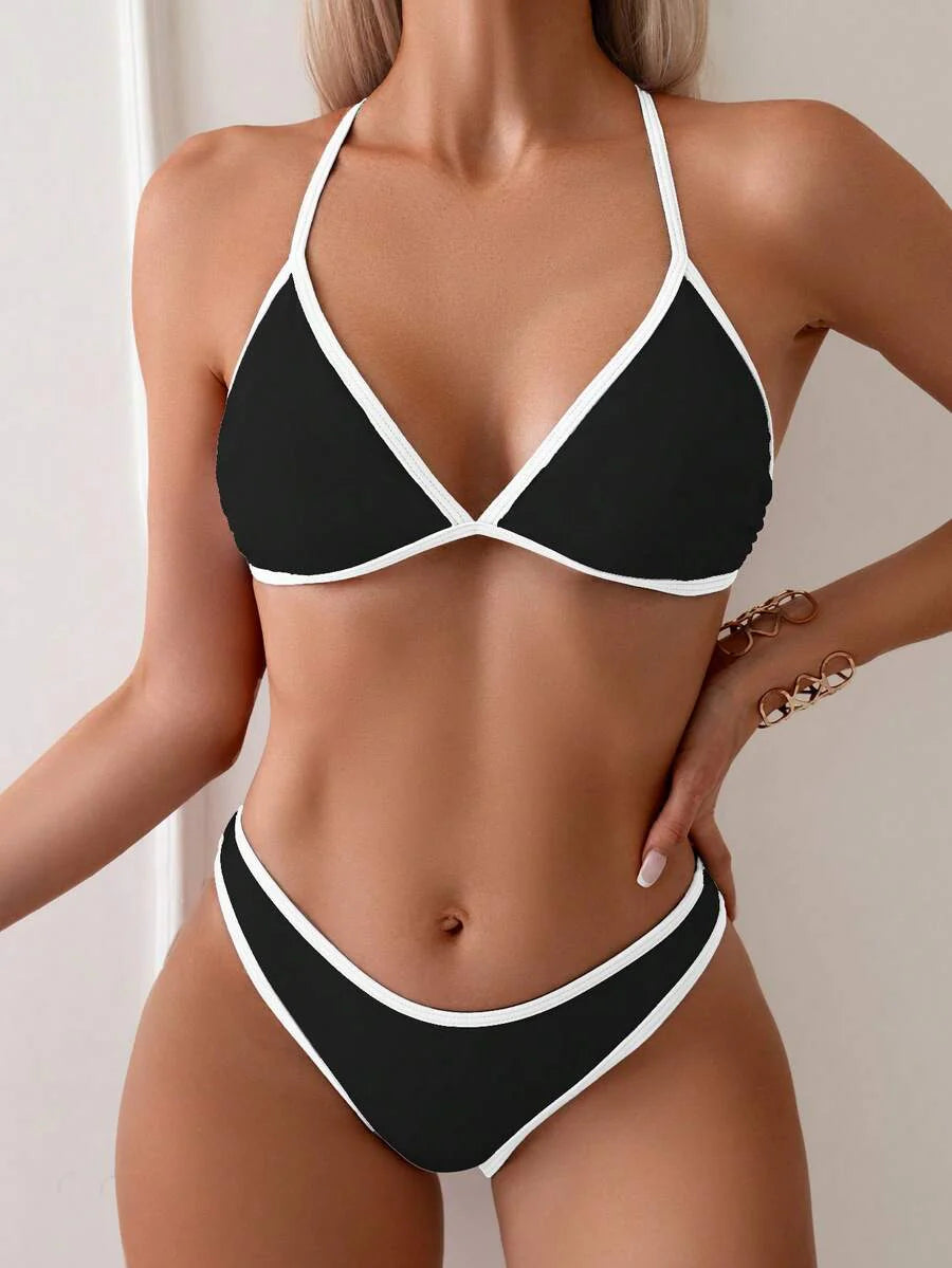 Swim Vcay Summer Beach Women Vacation Color-Block Halter Strap Bikini Set With Separated Bikini Set