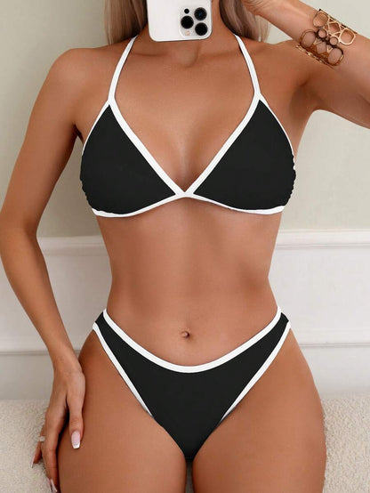 Swim Vcay Summer Beach Women Vacation Color-Block Halter Strap Bikini Set With Separated Bikini Set
