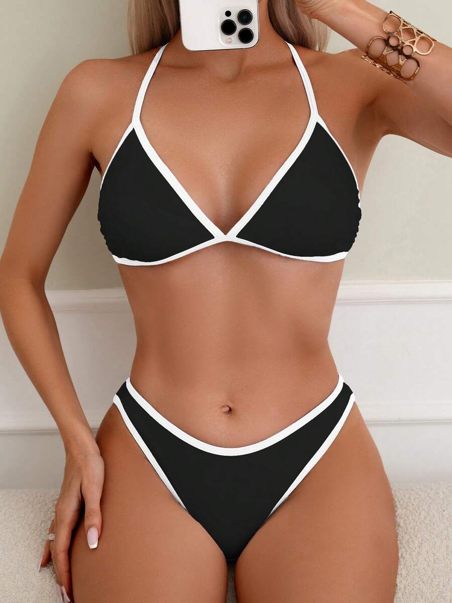 Women's Sporty Triangle Bikini Set - Contrasting Trim, Criss Cross, Spaghetti Strap, Navy Blue