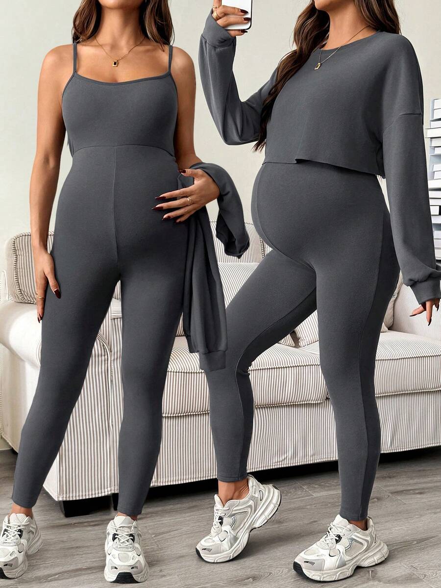 Maternity 2 Piece Set - Solid Color Drop Shoulder Long Sleeve Tee and Jumpsuit Casual, Black