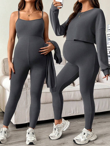 Maternity 2 Piece Set - Solid Color Drop Shoulder Long Sleeve Tee and Jumpsuit Casual, Black