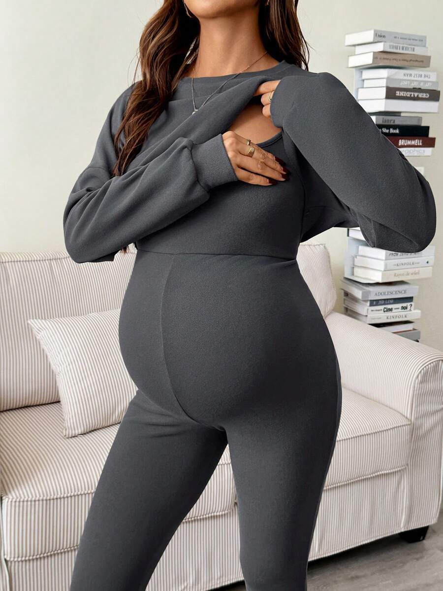 Maternity 2 Piece Set - Solid Color Drop Shoulder Long Sleeve Tee and Jumpsuit Casual, Black
