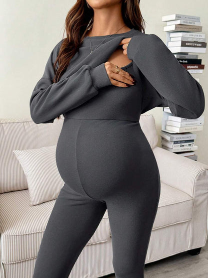 Maternity 2 Piece Set - Solid Color Drop Shoulder Long Sleeve Tee and Jumpsuit Casual, Black