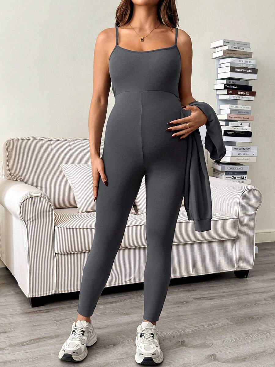 Maternity 2 Piece Set - Solid Color Drop Shoulder Long Sleeve Tee and Jumpsuit Casual, Black