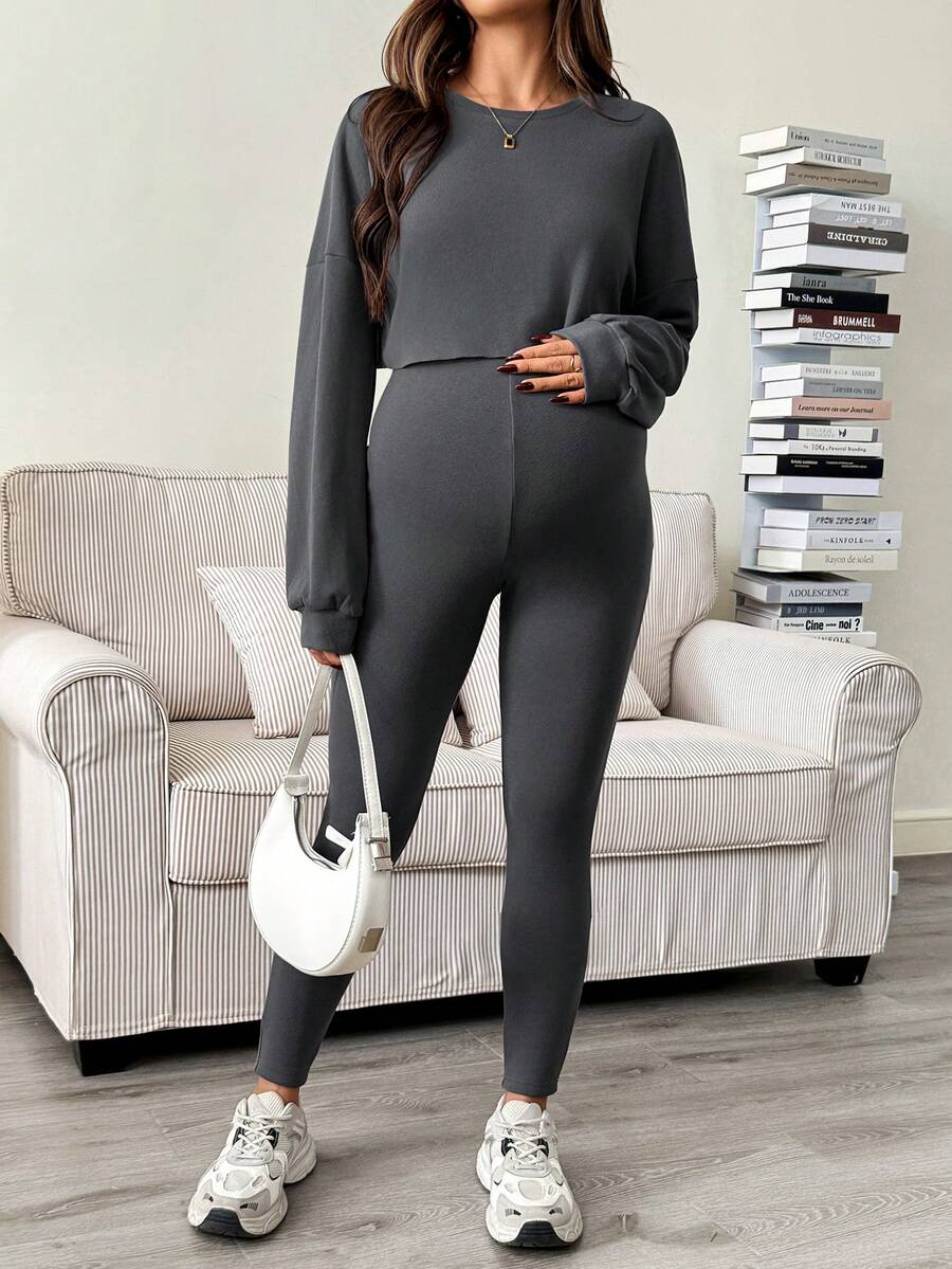 Maternity 2 Piece Set - Solid Color Drop Shoulder Long Sleeve Tee and Jumpsuit Casual, Black