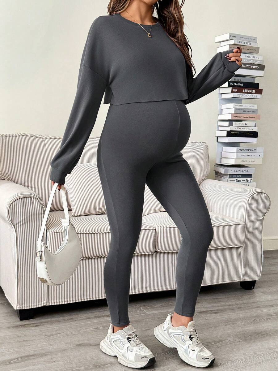 Maternity 2 Piece Set - Solid Color Drop Shoulder Long Sleeve Tee and Jumpsuit Casual, Black