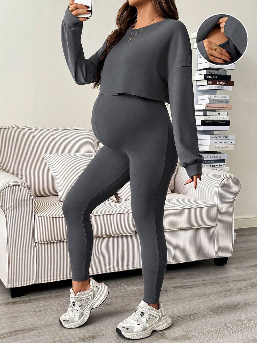 Maternity 2 Piece Set - Solid Color Drop Shoulder Long Sleeve Tee and Jumpsuit Casual, Black