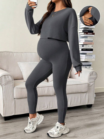 Maternity 2 Piece Set - Solid Color Drop Shoulder Long Sleeve Tee and Jumpsuit Casual, Black