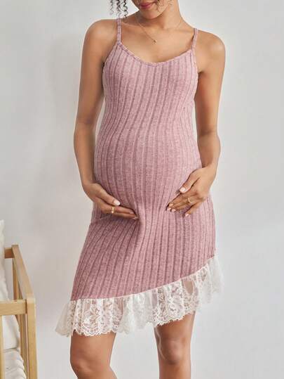 Maternity Lace Patchwork Camisole Sleepwear Women Solid Color Casual Pregnancy Nightgown