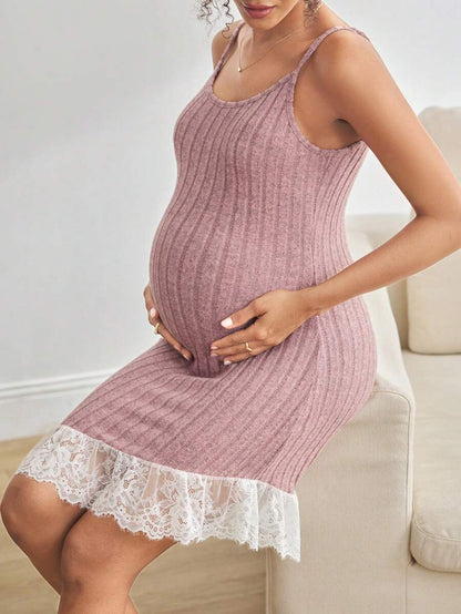 Maternity Lace Patchwork Camisole Sleepwear Women Solid Color Casual Pregnancy Nightgown