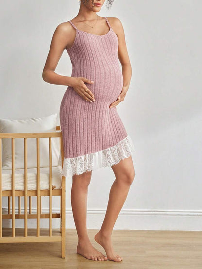 Maternity Lace Patchwork Camisole Sleepwear Women Solid Color Casual Pregnancy Nightgown