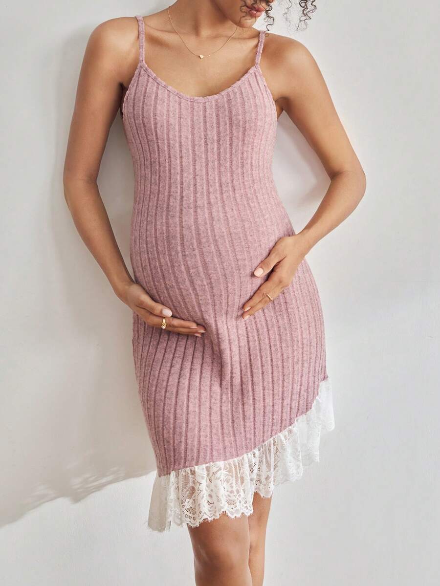 Maternity Lace Patchwork Camisole Sleepwear Women Solid Color Casual Pregnancy Nightgown