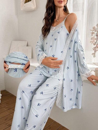 3-Piece Striped Bow Print Maternity Pajama Set with Contrast Lace - Long Sleeve Cardigan Spaghetti Strap Top and Pants - Multicolor Winter Sleepwear Set