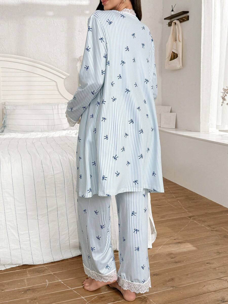 3-Piece Striped Bow Print Maternity Pajama Set with Contrast Lace - Long Sleeve Cardigan Spaghetti Strap Top and Pants - Multicolor Winter Sleepwear Set