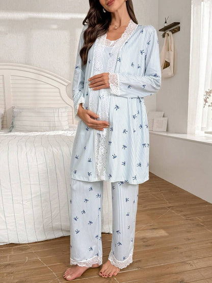 3-Piece Striped Bow Print Maternity Pajama Set with Contrast Lace - Long Sleeve Cardigan Spaghetti Strap Top and Pants - Multicolor Winter Sleepwear Set