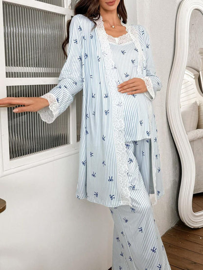 3-Piece Striped Bow Print Maternity Pajama Set with Contrast Lace - Long Sleeve Cardigan Spaghetti Strap Top and Pants - Multicolor Winter Sleepwear Set