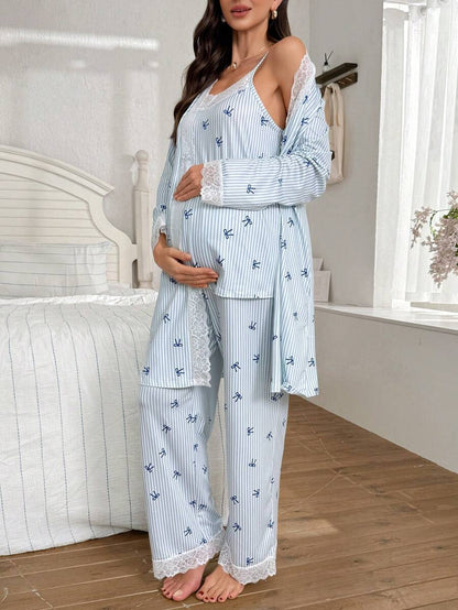 3-Piece Striped Bow Print Maternity Pajama Set with Contrast Lace - Long Sleeve Cardigan Spaghetti Strap Top and Pants - Multicolor Winter Sleepwear Set