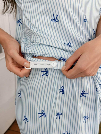 3-Piece Striped Bow Print Maternity Pajama Set with Contrast Lace - Long Sleeve Cardigan Spaghetti Strap Top and Pants - Multicolor Winter Sleepwear Set
