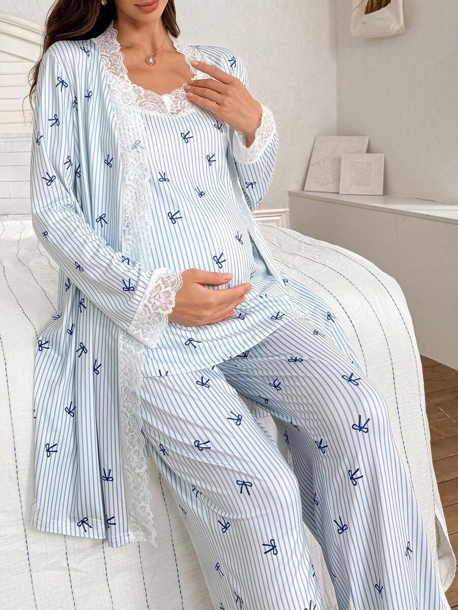 3-Piece Striped Bow Print Maternity Pajama Set with Contrast Lace - Long Sleeve Cardigan Spaghetti Strap Top and Pants - Multicolor Winter Sleepwear Set