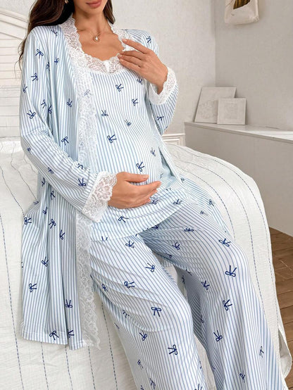 3-Piece Striped Bow Print Maternity Pajama Set with Contrast Lace - Long Sleeve Cardigan Spaghetti Strap Top and Pants - Multicolor Winter Sleepwear Set