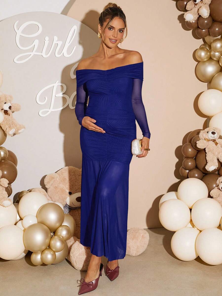 Maternity Off Shoulder Ruched Fishtail Dress - Long Sleeve Solid Color Fitted Elegant Gown for Baby Shower, Gender Reveal & Photoshoot