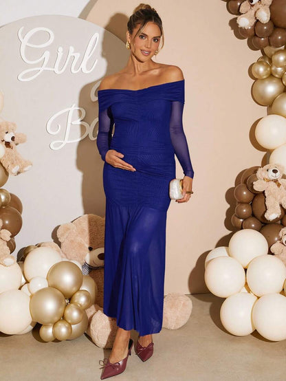 Maternity Off Shoulder Ruched Fishtail Dress - Long Sleeve Solid Color Fitted Elegant Gown for Baby Shower, Gender Reveal & Photoshoot