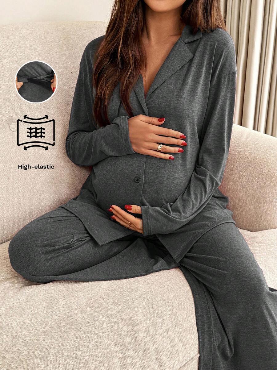Green Maternity 2-Piece Lounge Set - V-Neck Long Sleeve Top and Pants Pajama Set - Soft Casual Maternity Sleepwear for Spring and Fall