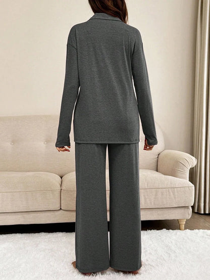 Khaki 2 Piece Maternity Loungewear Set - V-Neck Button Front Long Sleeve Top and Pants - Casual Loose Fit Maternity Sleepwear Suit