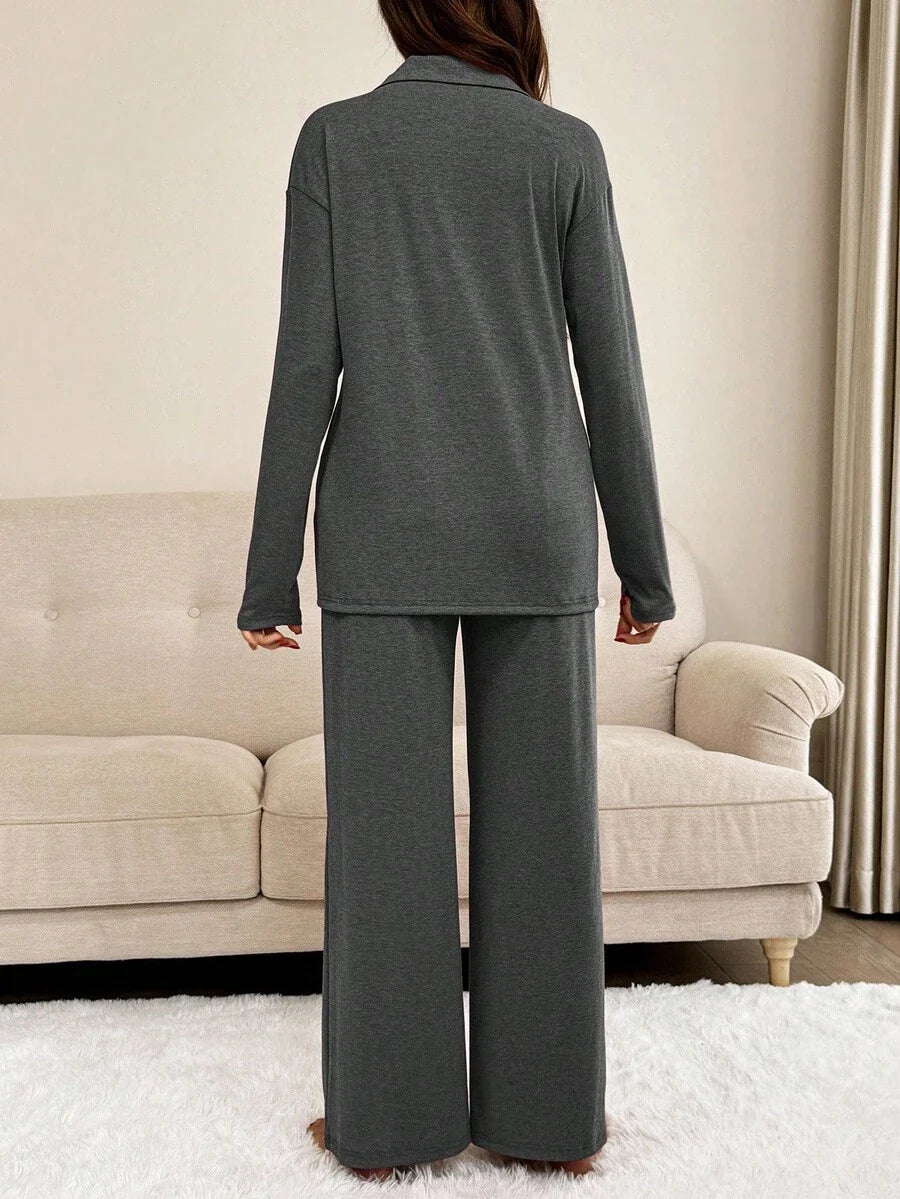 Green Maternity 2-Piece Lounge Set - V-Neck Long Sleeve Top and Pants Pajama Set - Soft Casual Maternity Sleepwear for Spring and Fall